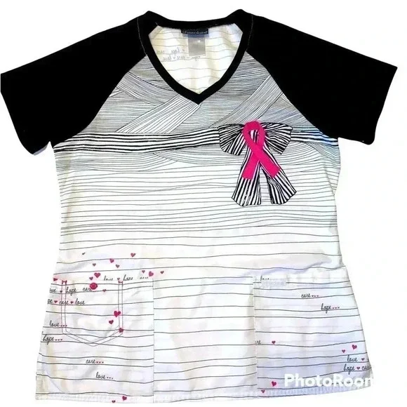 CHEROKEE Scrubs Top Size M Adorable Breast Cancer Awareness - Picture 1 of 8